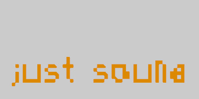 just sound written in a glitched orange font on a light grey background